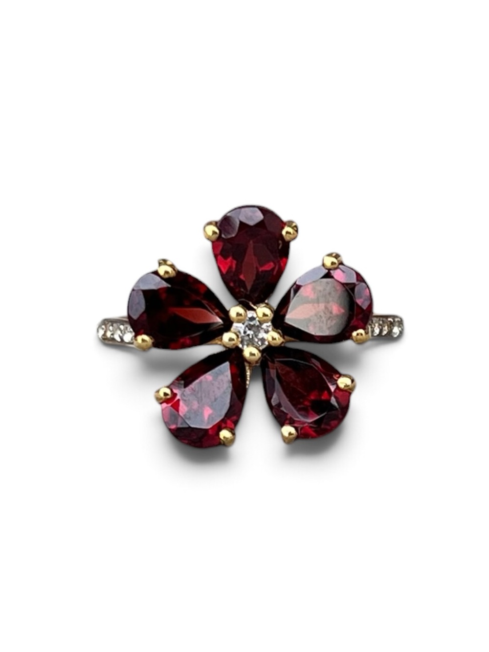 Gold Over Sterling Silver Garnet White Topaz Red Floral Cluster Ring Size 8